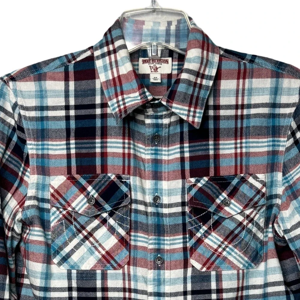 True Religion Shirt Mens Small Blue Red Plaid Flannel‎ Style Dual Pocket Casual